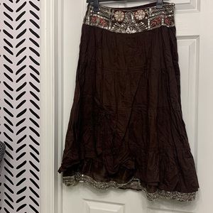 2/$15 Brown peasant skirt w/ white and red embroidery and silver sequin details